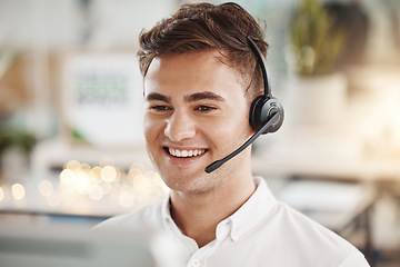 Image showing Telemarketing customer support and web help man consultant on an office digital phone call. Happy internet call center worker and agent with headset working on crm contact us tech consulting