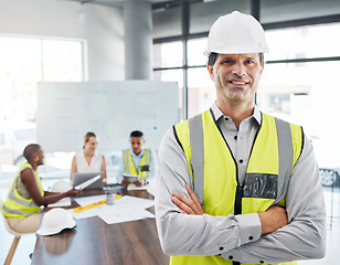 Image showing Construction worker, engineer man and architecture leader or boss with planning strategy for architecture building or construction vision. Industry development manager or contractor with leadership