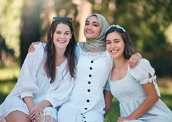 Image showing Love, friends and girl portrait at park for social get together outdoor fun experience. Bonding and relaxing in garden with caring, happy and young women in friendship with muslim person.