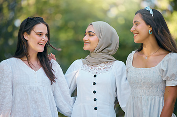 Image showing Diversity, friends and happy with women smile for support, trust and community together. Multicultural, freedom and happiness with young females standing in countryside for fashion, muslim and youth