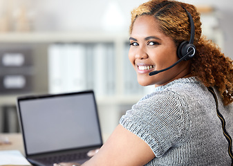 Image showing Woman with mockup laptop working in online call center, help desk or customer service copy space. Portrait of happy telemarketing consultant, employee or worker smile or work on computer with headset