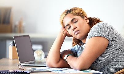 Image showing Sleeping, desk and office worker burnout while working with laptop. Stress, fatigue and tired problem in your unhealthy workplace. Overworked, sleep and feeling anxious while you stay to do overtime