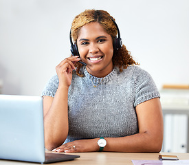 Image showing Portrait of a call center, customer service and telemarketing agent with a headset while consulting for sales support. Happy business helpdesk woman, contact us or consultant smile at work in office
