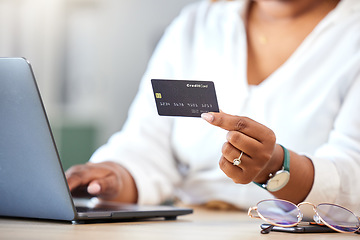 Image showing Finance, fintech woman and online shopping with credit card, laptop and internet bank app. Digital, ecommerce and online payment with business woman purchase product on store website.