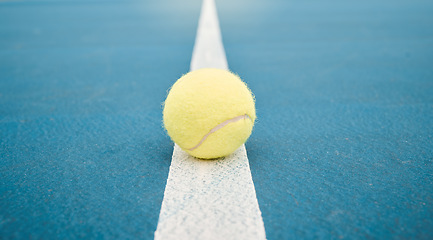 Image showing Ball on empty tennis court, sports and competition mockup. Racket sport or athletics, net game or match, line or exercise, leisure or activity, recreation or professional practice field.