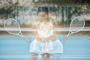 Image showing Woman, long exposure and sport with racket for athlete cardio fitness and game speed practice. Motion blur and optical effect of fast girl on outdoor tennis court for match tournament exercise.