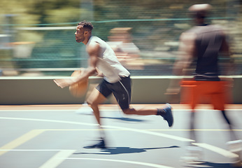 Image showing Sports, fitness and basketball man with energy running on the court for a cardio workout, training and exercise. Wellness, action or healthy black man or athlete in an active game in summer with blur