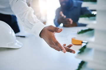 Image showing Architect hand, team planning a building structure in office and architecture development during meeting. Business man engineer on design illustration, industrial 3d model and construction working