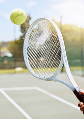 Image showing Hand, tennis court and ball game dust action with racket agility in tournament competition macro. Champion athlete equipment for professional match hit and serve on competitive sports ground.