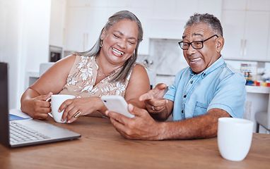 Image showing Phone, video call and happy elderly couple talking and laughing while drinking coffee and bonding at a table. Happy family, love and retired man and woman enjoy online communication and subscription