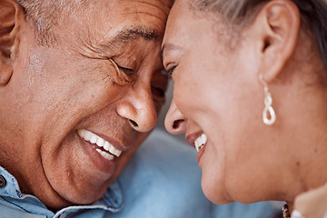 Image showing Love, couple and face of senior man and woman embracing and laughing, relax and bonding in their living room. Rest, happiness and retirement by caring soulmate share sweet moment, enjoy relationship