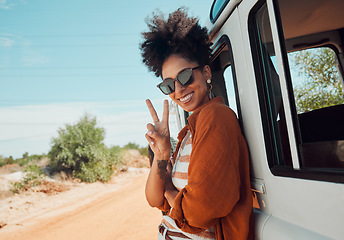 Image showing Travel, van and woman with peace hand sign on road trip in Mexico, happy, relax and smile. Summer, nature and journey in a countryside with a black woman excited about adventure and hipster lifestyle