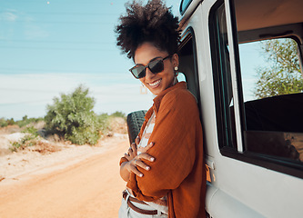 Image showing Travel, freedom and road trip by woman on a break in the countryside, smiling while enjoying the view of Mexico. Summer, van and black woman relax in nature, looking proud on a solo adventure