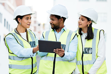 Image showing Teamwork, construction workers and digital tablet by team collaboration on building project at construction site. innovation, vision and workers planning and discuss mission for design on online app