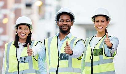 Image showing Construction worker, hands and thumbs up by team at construction site, happy with goal and vision. Success, thank you and engineer collaboration by group of workers show support for building project