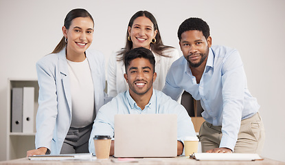 Image showing Office portrait of design, team collaboration on laptop by happy business people working on a marketing strategy together. Vision, startup and diverse colleagues with company goal planning innovation