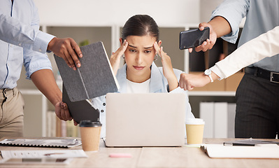 Image showing Stress, anxiety and multitasking business woman with headache from workload and laptop deadline in office. Burnout, frustration and overwhelmed lady exhausted, procrastination in toxic workplace