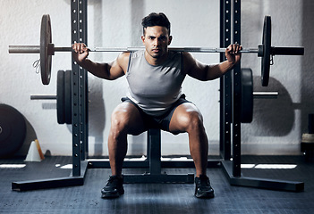 Image showing Weightlifting, gym or sports man in exercise, workout or training body. Fitness, muscle and motivation for health, wellness and sport in portrait of focus, serious and power for bodybuilder