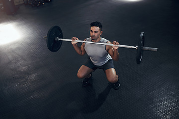 Image showing Barbell exercise, gym man and sports training, workout and fitness of heavy weights press in health club. Above of indian bodybuilder, serious male athlete and body muscle, power or strong motivation