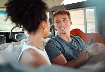 Image showing Camper, van and couple relax while travel, happy, talking and bonding in their vehicle together. Love, freedom and content woman and man enjoying their journey and vacation exploring and having fun