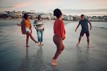 Image showing Water, feet and friends at a beach at sunset, celebrating their freedom and friendship while bonding in nature. Travel, fun and diverse people laughing and being silly together in Los Angeles ocean