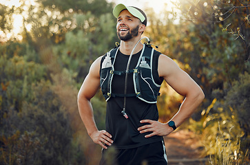 Image showing Sports rest, running and forest fitness man body wellness, training motivation and exercise in Australia nature outdoors. Happy, workout and healthy hiking athlete, trail runner and breathing break