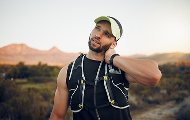 Image showing Sports injury, neck massage and pain with man athlete in pain after fitness training, running or workout. Physiotherapy, sore muscle and injured body with male runner after exercise or cardio