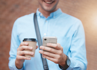 Image showing Hands, phone and city travel with coffee on morning work commute to company interview or on break. Zoom, smile and happy businessman with 5g social media or communication technology with takeaway tea