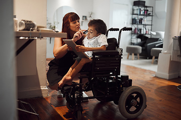 Image showing Hair, beauty and inclusive barber grooming child in a wheelchair, relax while digital tablet and comfort. Care, disability and child development with handicapped boy enjoying pamer treatment haircut