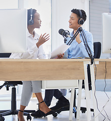 Image showing Business podcast, media interview and radio blog live streaming for corporate news show, broadcast conversation and audio discussion. Professional presenter hosting internet office talk on microphone