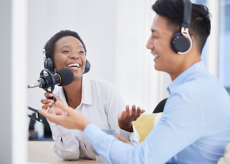 Image showing Happy podcast, web interview or digital radio woman presenter working with employee for media. Internet voice, speaker or influencer with microphone for business, online startup or corporate idea