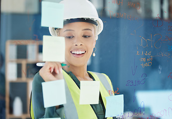 Image showing Building engineer, construction worker or sticky notes writing for engineering woman with smile, motivation or property vision. Happy development employee, helmet or planning real estate architecture