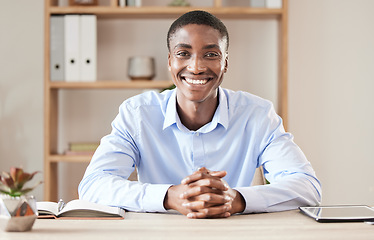 Image showing Lawyer, boss or businessman consultant in office portrait with digital tablet and notebook for company planning in professional career. Corporate black man at his desk happy with administration job