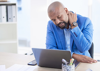 Image showing Burnout, stress or man with neck pain working on laptop with headache, depression or mental health in office. Frustrated, sad or tech employee or businessman with anxiety from audit, 404 or pc glitch