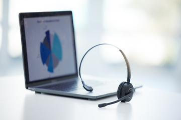 Image showing Empty call center, laptop and sales headset for telemarketing, crm data research and tech innovation in receptionist office. Background zoom, online customer service support and analytics consulting