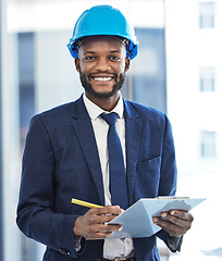 Image showing Happy architect, black businessman or engineer for construction writing notes, planning or management goal with smile. Contractor portrait, manager or logistics working on project management design