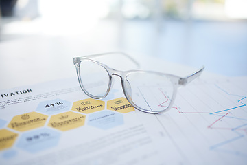 Image showing Glasses, documents and marketing research charts on advertising startup, creative company or small business. Zoom, vision and paper for office finance accounting, target audience research or kpi data