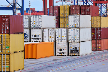 Image showing Manufacturing container, shipping logistics and warehouse cargo, commercial economy and industrial factory stock in Singapore. Supply chain production, freight distribution and global export trade