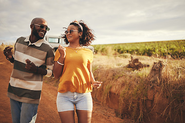 Image showing Travel, dance and black couple in Mexico, having fun, laughing and bonding in nature together. Freedom, love and road trip adventure with black woman and man dancing and celebrating their journey