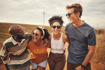 Image showing Diversity, friends and on countryside holiday smile, relax and happy together on dirt road trip. Group excited, on adventure and travelling to celebrate summer vacation, have casual talk and laugh.