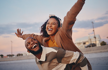 Image showing Freedom, love and happy with couple and piggy back ride together on outdoor date for support, sunset or lifestyle vacation. Smile, summer and airplane with man and woman on holiday for relax or faith