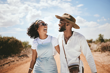 Image showing Couple, travel and happy outdoor road trip of black people enjoying nature with love. Happiness of girlfriend and boyfriend smile together laughing with a hug on a summer dessert holiday in the sun