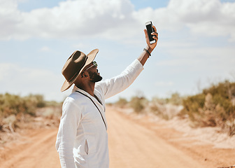 Image showing Travel influencer, man or phone live streaming for social media review of National Park in South Africa for content creator vlog. Vlogger, blogger or tourist on 5g mobile technology and lost network