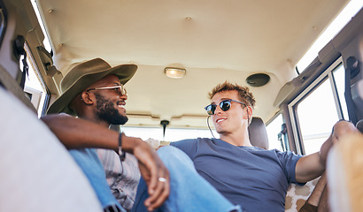 Image showing Travel, road trip and men friends in conversation while sitting in caravan on summer holiday. Happy, smile and interracial people relaxing, talking and bonding while on vacation, journey or adventure