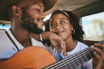 Image showing Road trip, guitar and black couple enjoy freedom music on adventure drive and travel on summer vacation having romantic song moment. Love of man and woman with instrument on motor transport getaway