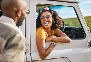 Image showing Stop, car and window by woman and man talking and laughing, discussing Mexico road trip details in countryside. Freedom, summer and black woman asking for directions while on solo trip and adventure