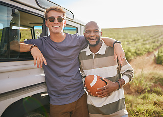 Image showing Sports, adventure and portrait of friends on road trip with black man holding football. Summer, nature and men with ball on vacation in countryside. Travel, games and happy people on outdoor holiday