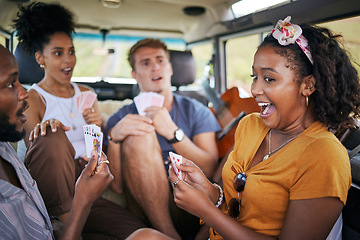 Image showing Playing cards, road trip and friends in van winning and excited for adventure journey, holiday and youth games lifestyle. Diversity group of people, camping and winner with card game in a caravan car