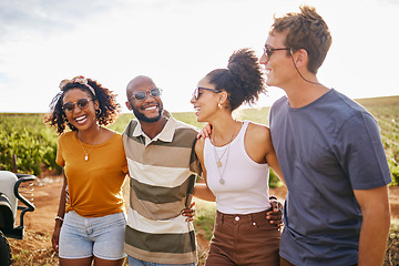 Image showing Summer, adventure and portrait of friends in nature on holiday, enjoying roadtrip. Vacation, freedom and young multicultural group smiling in countryside. Travel, explore and happy people on journey