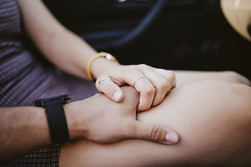 Image showing Couple, holding hands and love with bonding in trust, safety or security in mental health, depression or anxiety support. Zoom, man and woman in unity, solidarity and happy marriage in holiday travel